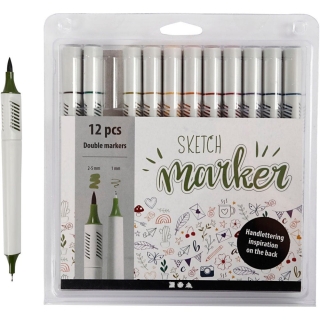 Sketch Marker, streg 1+2-5 mm, douche farver, 12 stk./ 1 pk. 0