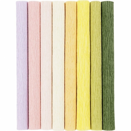 Crepepapir, 25x60 cm, Stræk/crepe: 180%, 105 g, pastelfarver, 8 ark/ 1 pk. 0