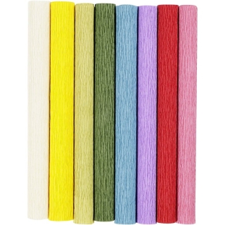 Crepepapir, 25x60 cm, Stræk/crepe: 180%, 105 g, standardfarver, 8 ark/ 1 pk. 0